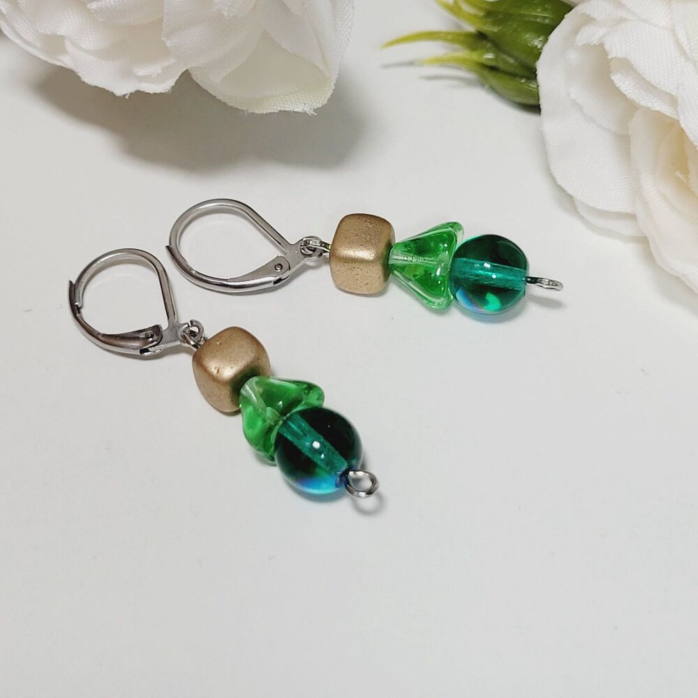 Green Glass Leverback earrings handmade Secret Lore earrings  Earthy Boho   690■